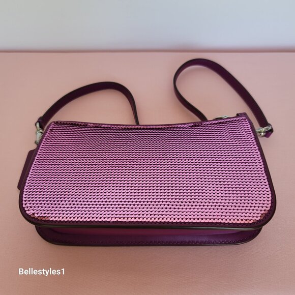 COACH Penn Sequined & Smooth Leather Small Shoulder Bag - Dark Magenta⭐ - Picture 5 of 16
